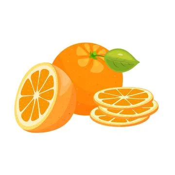 Orange fruit set with round slices, whole and half. Season of tropical fruit Stock Illustration