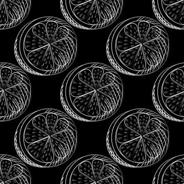 Orange fruit sketch seamless pattern on blackboard. Slices of oranges. Stock Illustration