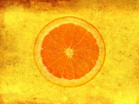 Orange fruit slice isolated on old vintage paper grunge background. Top view, Stock Photos