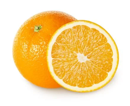 Orange fruit with a slice isolated on white Stock Photos