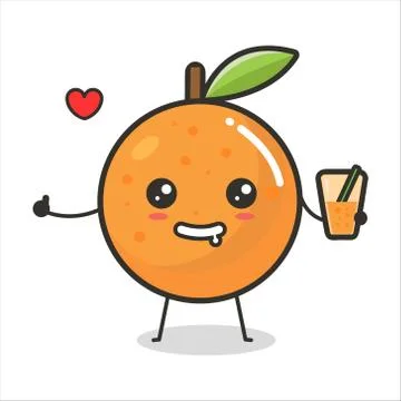 Orange Fruit thumbs up with orange juice in hand Mascot Character Cute Outlin Stock Illustration