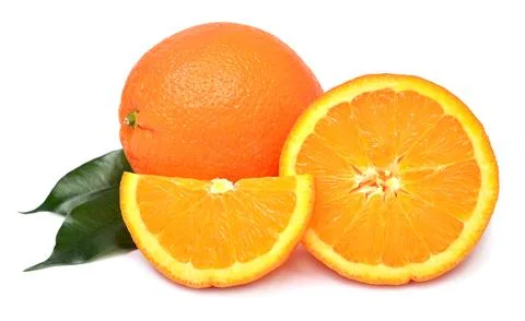 Orange fruit whole and half with leaves isolated on white background 스톡 사진