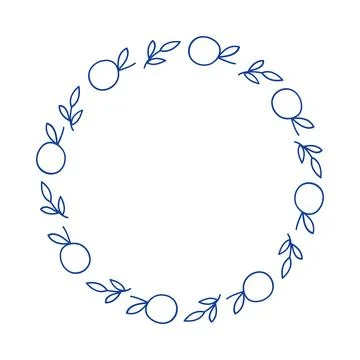 Orange fruit wreath frame in blue line art style, round citrus border vector 스톡 일러스트