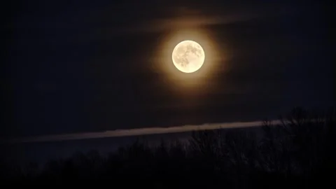 Orange full moon on black night sky.Yellow New Moon rises behind the clouds and Stock Footage 320787646
