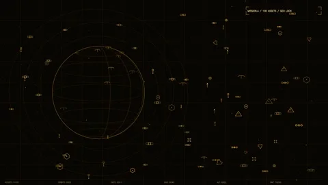 Orange futuristic HUD interface displaying global satellite tracking and Video stock 334549343