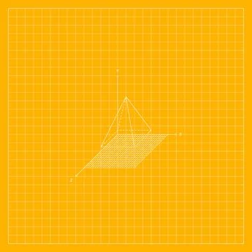 Orange geometric background featuring a white wireframe cone-like three-dim.. Stock Illustration