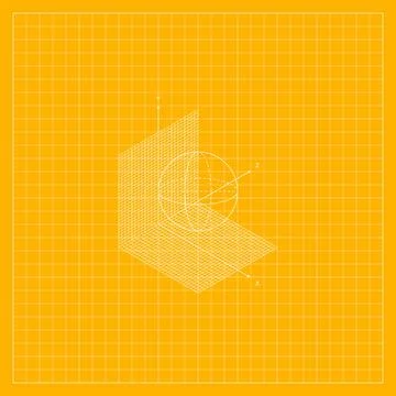 Orange geometric background featuring a white wireframe curved form, circul.. Stock Illustration