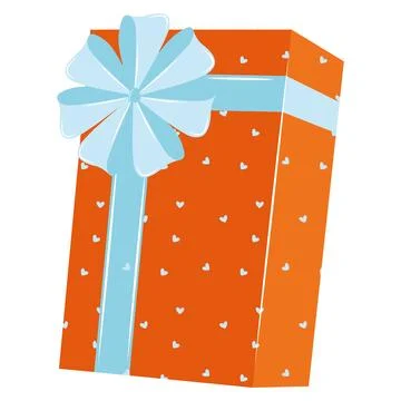 Orange gift box with blue bow and heart pattern, Vector Stockillustratie