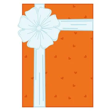 Orange gift box with light blue bow and heart pattern, Vector Stock Illustration
