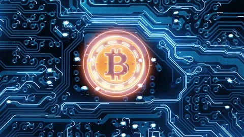 A Orange glowing bitcoin graphic pushing out glowing circuit board Stock Footage 155301837