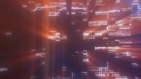 Orange glowing circuit lines forming a futuristic data cityscape with radia.. Stock Footage 329997636