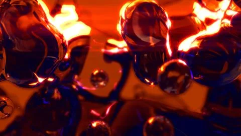 Orange glowing pellucid fluid bubbles on black bg - abstract 3D illustration Illustrazione stock
