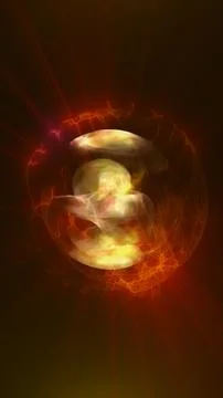 Orange glowing plasma orb with red light rays and fiery energy patterns, su.. Stockillustratie