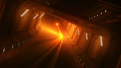 Orange Glowing Stroke Flying in the Abstract Spaceship Tunnel. Beautiful Looped Видео 104909150