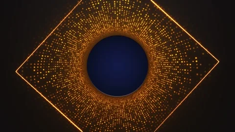Orange gold particle ring visual outline, circular dark center, and bright dotte Stock Footage 340575498