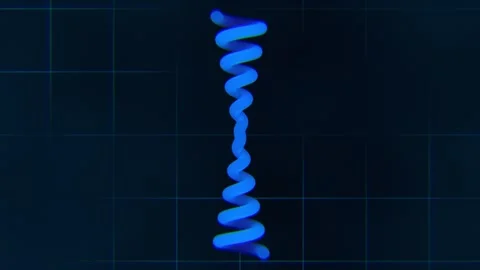 Orange Gradient Fluid Spiral Wave Twisting on Dark Blue Tech Grid Background. 4K Stock Footage 346084871
