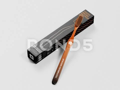Orange Gradient Toothbrush Mockup with Black Packaging Box on Gray Background PSD Template