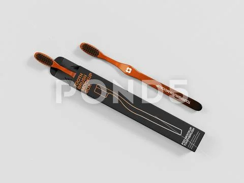 Orange Gradient Toothbrush Mockup with Black Packaging Box on Gray Background PSD Template