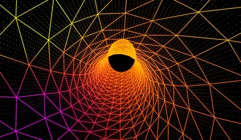 Orange gradient tunnel particle network on black background. Stock Illustration