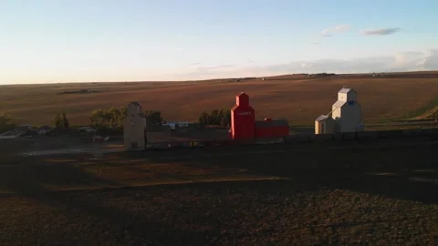 An orange grain elevator stands tall in fields of green cereal crops, with Stock Footage 170749402