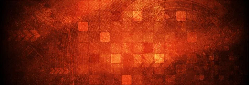 Orange grunge technology background with squares and arrows design Illustrazione stock