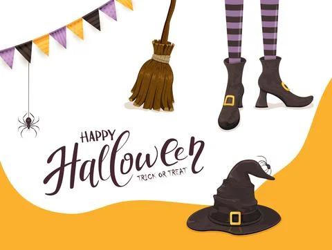 Orange Halloween Background with Witches Legs and Hat Stock Illustration