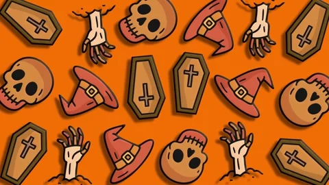 Orange halloween pattern with coffins skulls and witch hat icons Stock Footage 324856119