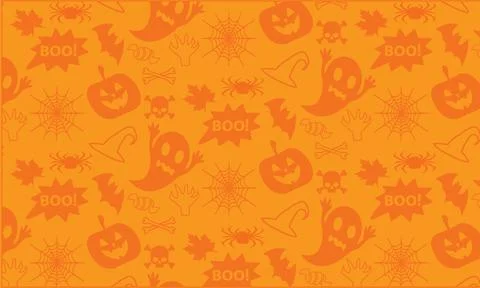 Orange Halloween Pattern with Ghosts Pumpkins Bats and Spiders Stock Illustration