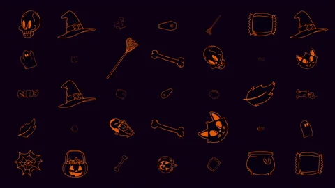 Orange halloween pattern with with pumpkins, skulls, coffins and ghosts Stock Footage 168791189