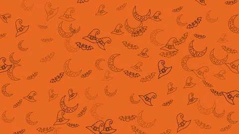 Orange Halloween Pattern with Witch Hats and Feathers. Stock Illustration