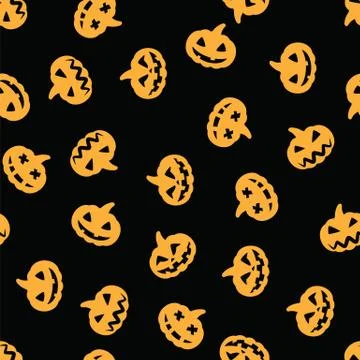 Orange halloween pumpkin pattern on black background. Orange pumpkin face for Stock Illustration