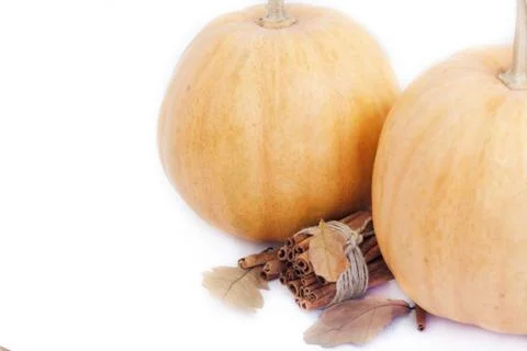 Orange halloween pumpkins on white planks, holiday decoration with cinnamon a Stock Photos