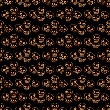 Orange halloween skulls vector pattern on black Stock Illustration