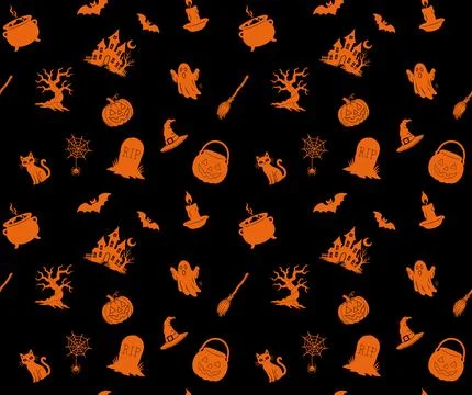 Orange Halloween Spooky Seamless Pattern Icon Set Stock Illustration
