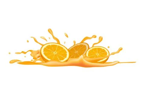 Orange halves in juice with splashes. Vector illustration Illustrazione stock