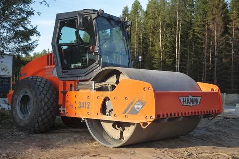 Orange Hamm road roller machine, Finland Stock Photos