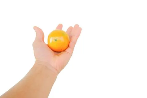 Orange on hand, on white background Stock Photos