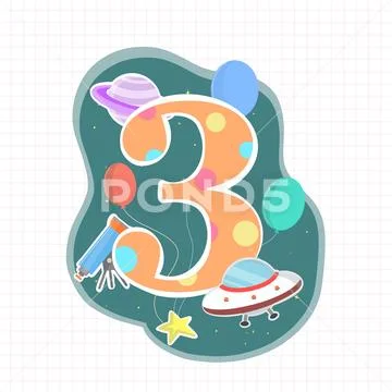 Orange Happy Birthday number Three with UFO, Saturn and Telescope PSD Template