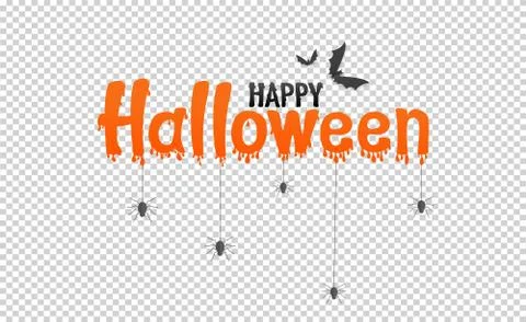 Orange happy halloween text banner with bats flying, spider, spider web,  iso Illustrazione stock