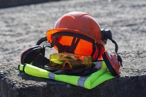Orange hard hat with protective goggles, earmuffs and high visibility vest .. Stock Photos