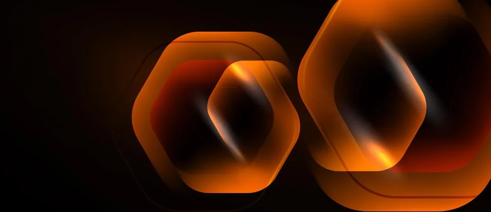 Orange hexagons overlap dark background. Gradient shades create depth, glowin Stock Illustration