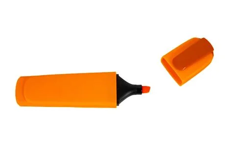 Orange highlighter pen with cap removed on white background. Great for education Stock Photos