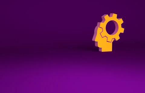 Orange Human head with gear inside icon isolated on purple background. Artifi Illustrazione stock