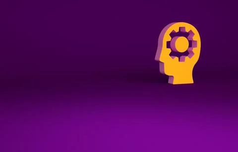 Orange Human head with gear inside icon isolated on purple background. Artifi Illustrazione stock