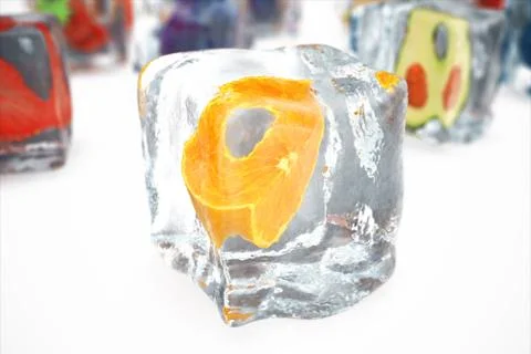 Orange in ice cube isolated on white with depth of field effects. Ice cubes with イラスト素材