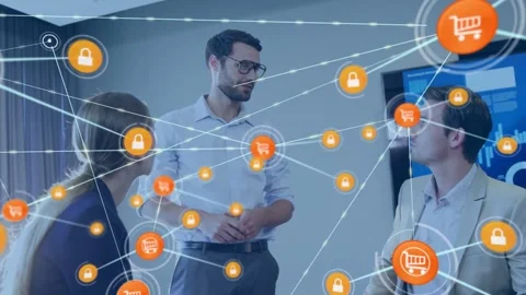 Orange icon appearing, pulsing, linking carts and locks, presenter tapping Stock Footage 334034812