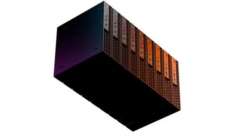 Orange illuminated server stack with purple accent isolated on white Stock Illustration