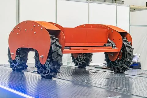 Orange industrial robot in a workshop setting, standing on black tires, und.. Stock Photos