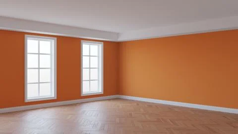 Orange Interior with a White Ceiling and Cornice, Glossy Herringbone Parquet Stock Illustration
