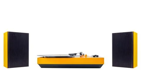 Orange isolated record player with two vintage stereo speakers isolated on .. 写真素材